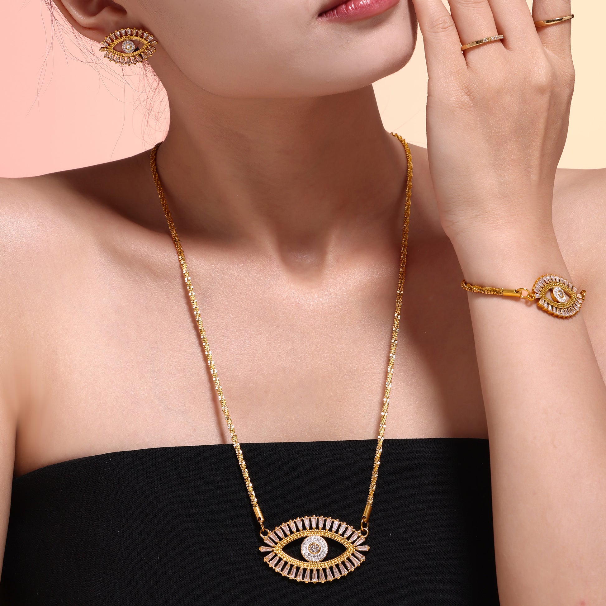 Female model wearing Mystic Evil Eye Zircon Bracelet solo – delicate zircon details and sleek metal shine