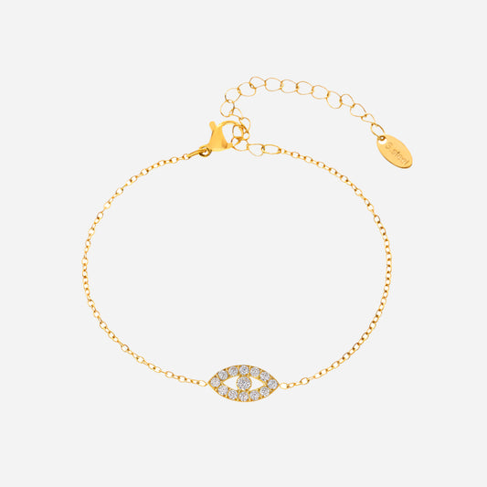 Mystic Evil Eye Bracelet with 5A Zircon on white background, stainless steel waterproof charm bracelet