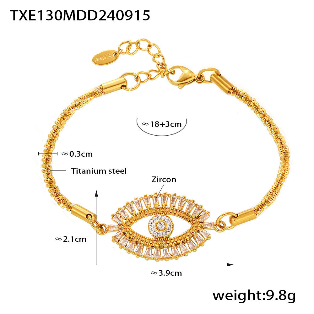 Size and material specifications of Mystic Evil Eye Zircon Bracelet in waterproof stainless steel