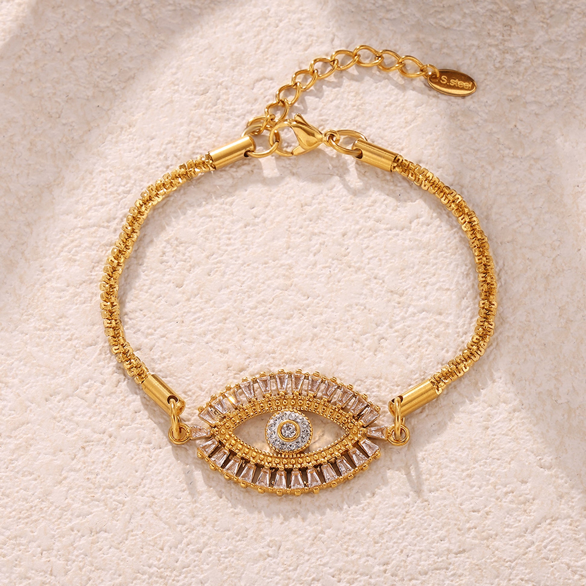 Mystic Evil Eye Zircon Bracelet under soft warm lighting showing sparkle of micro inlaid zircon stones