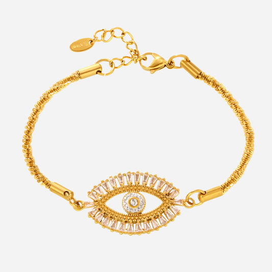 Mystic Evil Eye Zircon Bracelet on a white background – stainless steel, waterproof, minimalist charm