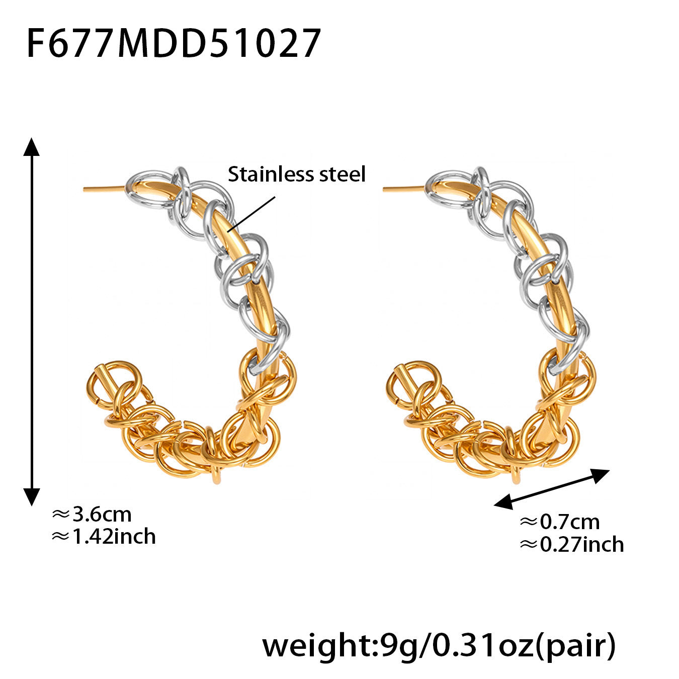 Pendientes de acero inoxidable en forma de C de dos tonos de metal resistente