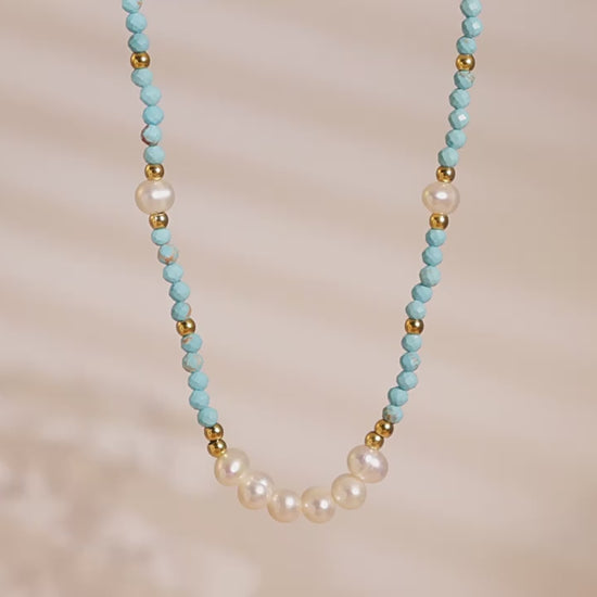 Video Thumbnail of TXP229 Turquoise & Freshwater Pearl Handmade Beaded Necklace