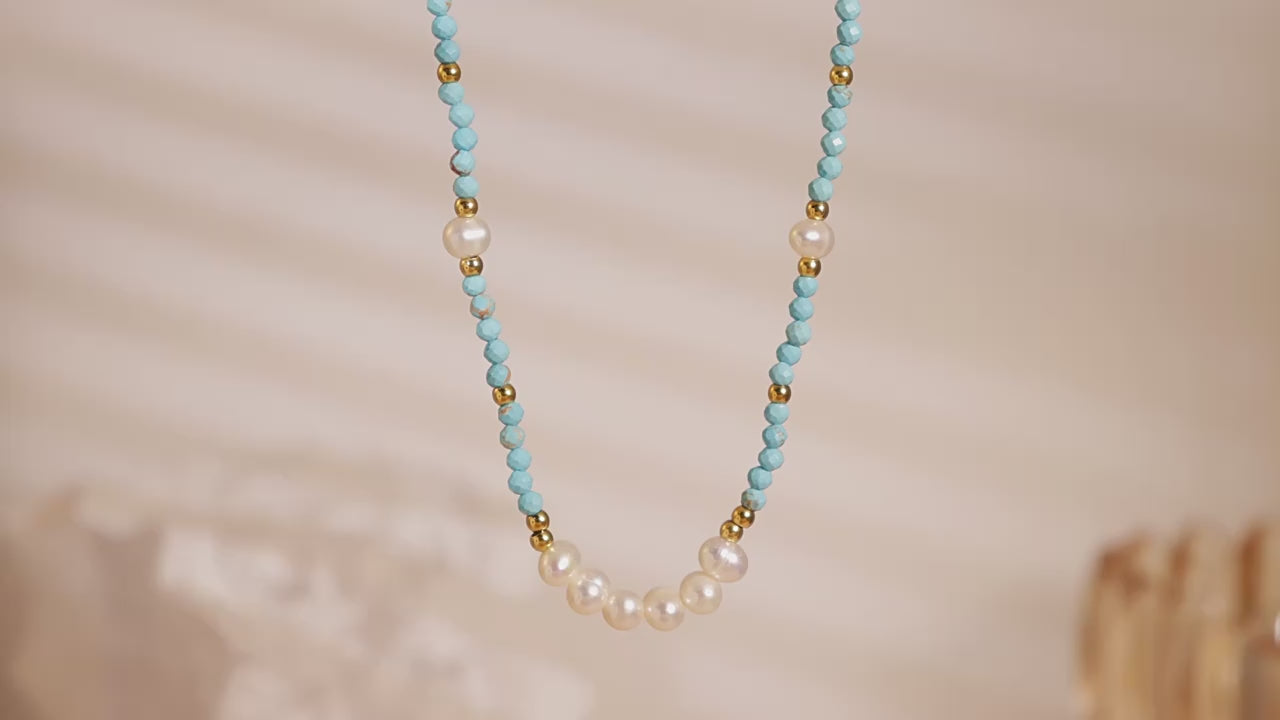 Video Thumbnail of TXP229 Turquoise & Freshwater Pearl Handmade Beaded Necklace