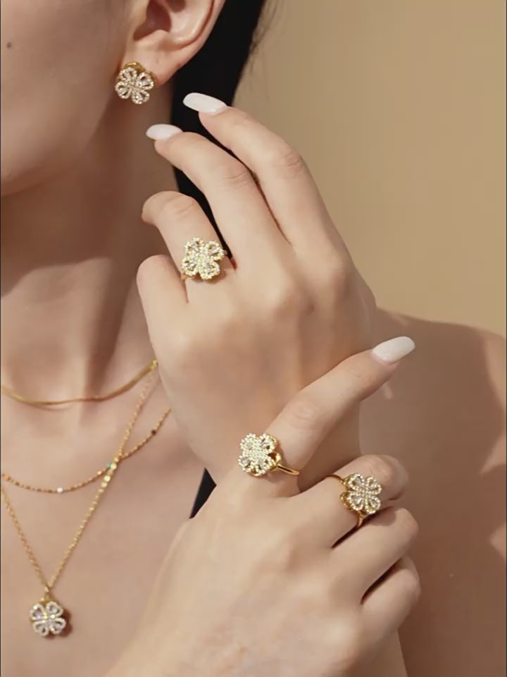Video showcasing the sparkle and rotation of the gold flower cubic zirconia necklace, perfect for layering or standalone