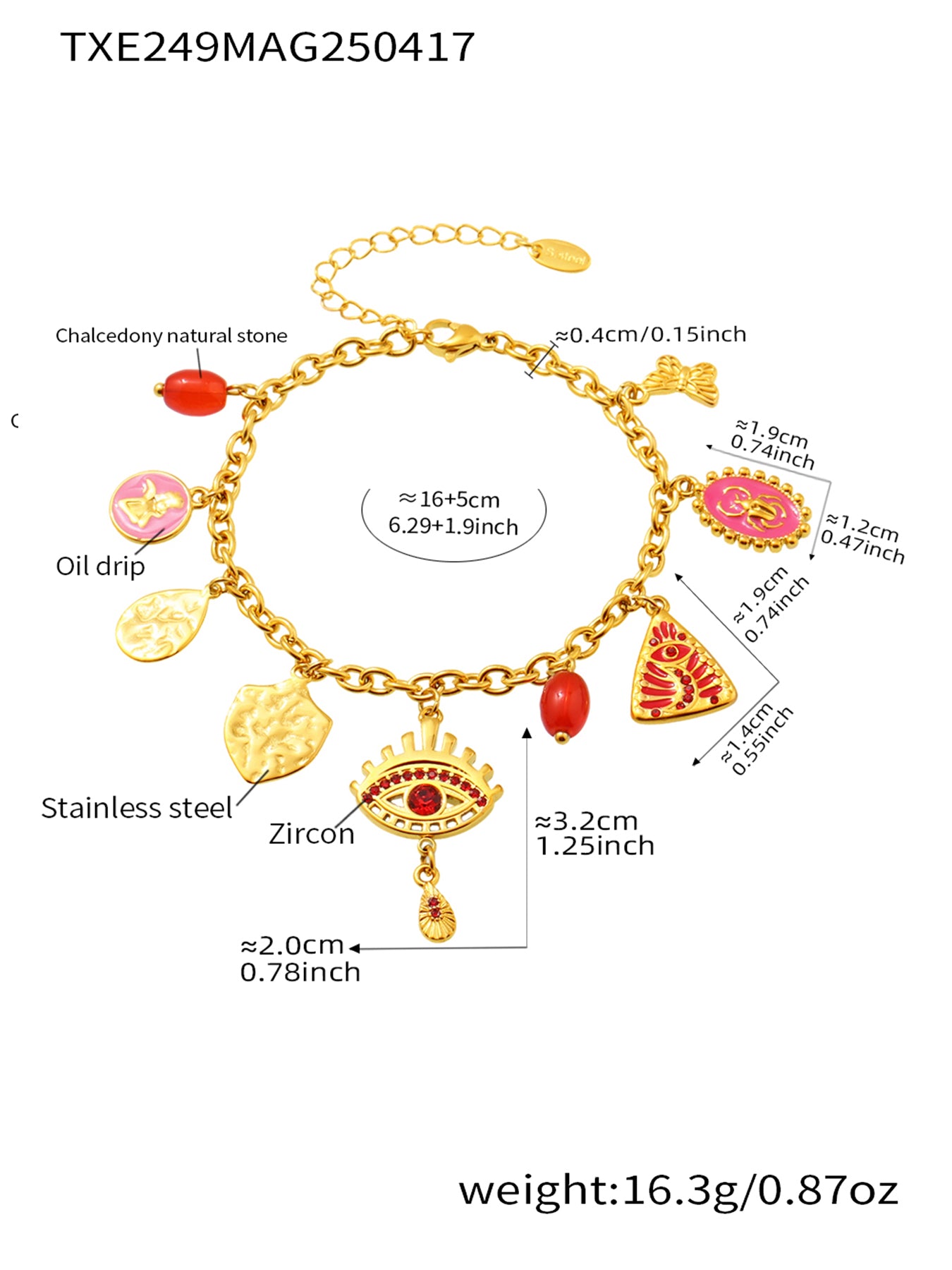 Product specification chart for red evil eye stainless steel bracelet – adjustable size and waterproof features
