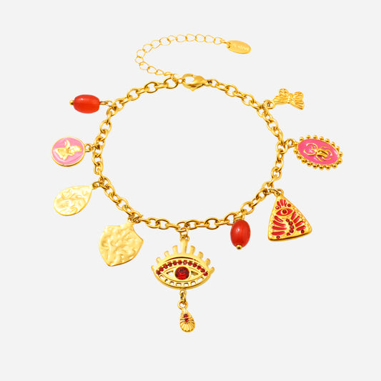 Red Evil Eye Bracelet made of stainless steel, displayed on a clean white background