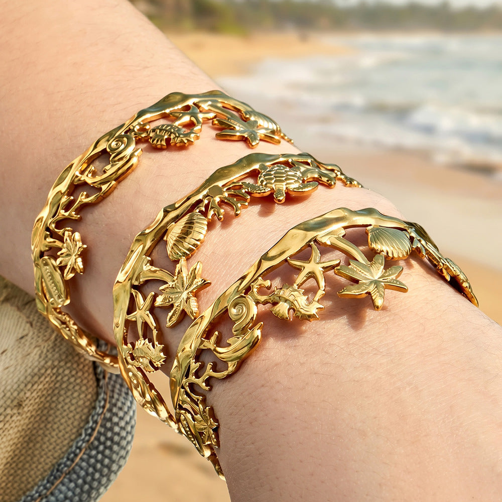 Vintage Beach Shell 18K Gold Plated Bracelet - Coastal Elegant Romantic Waterproof Jewelry | Endures Forever - Gift for Her - Detail 11